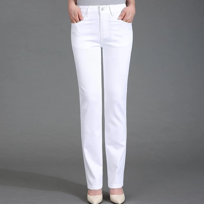 2025新款新款白色显瘦牛仔裤高腰女士直筒弹力大码妈妈中年女裤子
