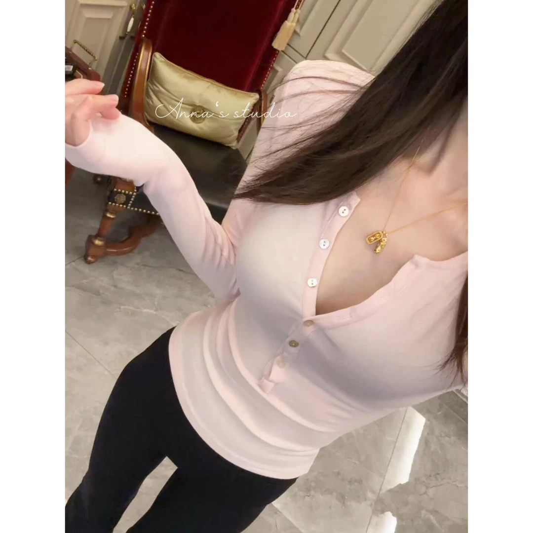 纯欲风辣妹半开领长袖t恤女春秋性感紧身显瘦内搭打底衫短款上衣