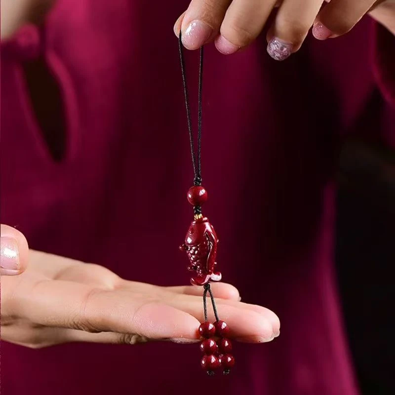 含辰砂工艺品正宗朱砂紫金砂锦鲤手机挂件年年有余国风红色手机链