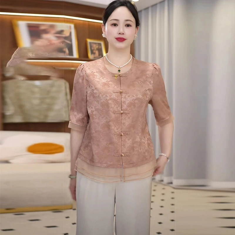 2025新款妈妈装夏季优雅小衫套装中老年女国风宽松大码上衣两件套