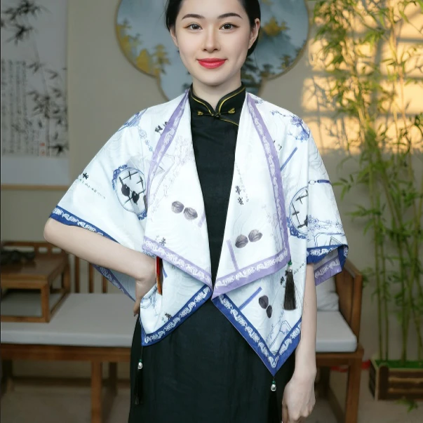 【观瓷】高级披肩长巾双面双色挂穗盘扣披肩礼物时尚百搭女士古风