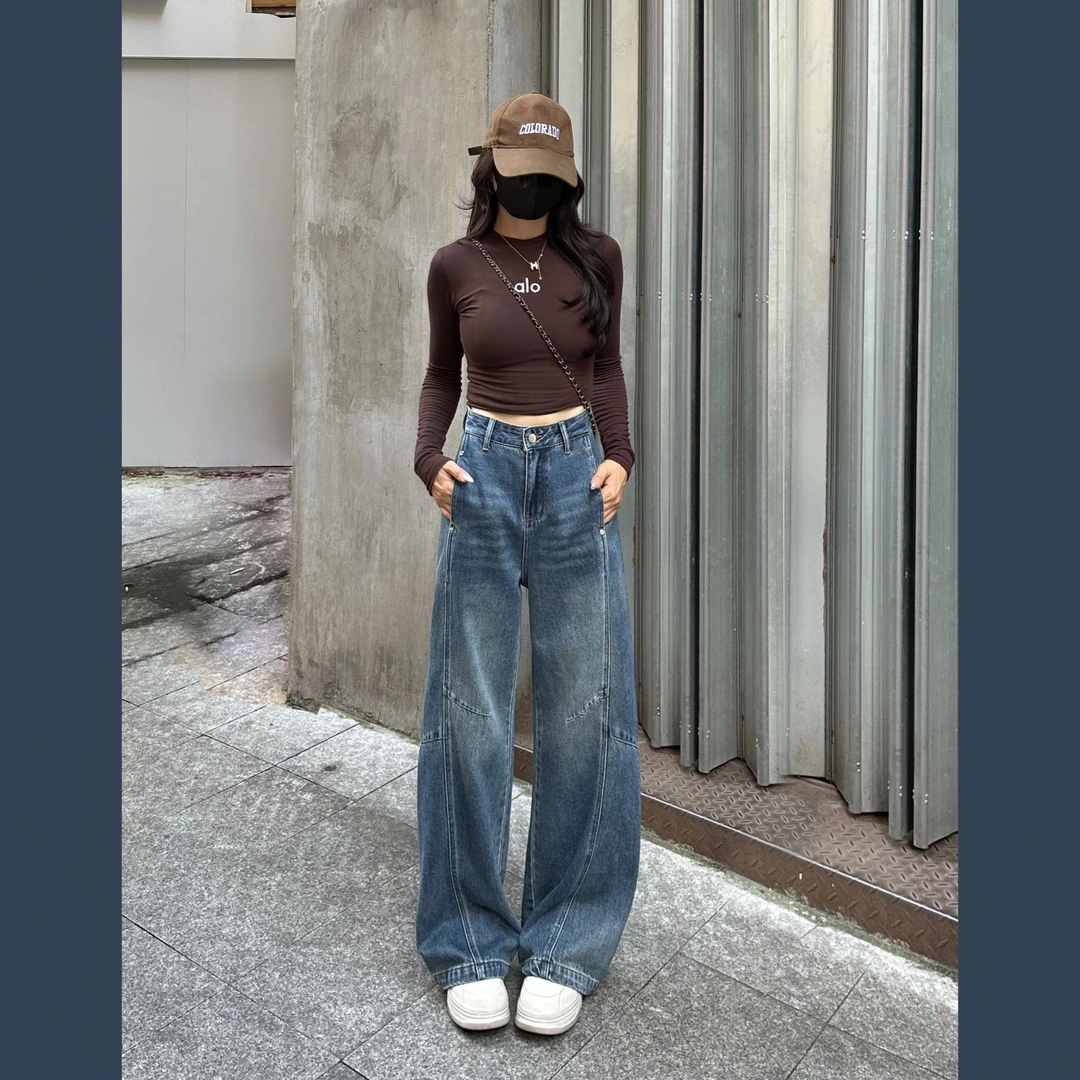 7654 Q设计感显瘦遮肉直筒弯刀裤牛仔裤女秋冬新款垂感高腰宽松