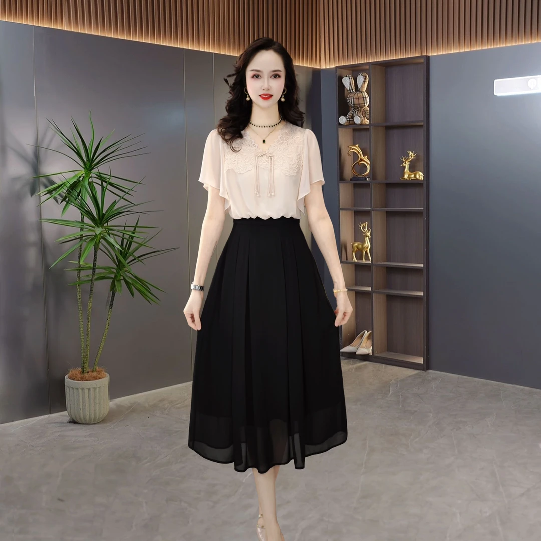 【QM直播专享】2025夏季时尚洋气蕾丝拼接收腰显瘦短袖连衣裙M-4XL