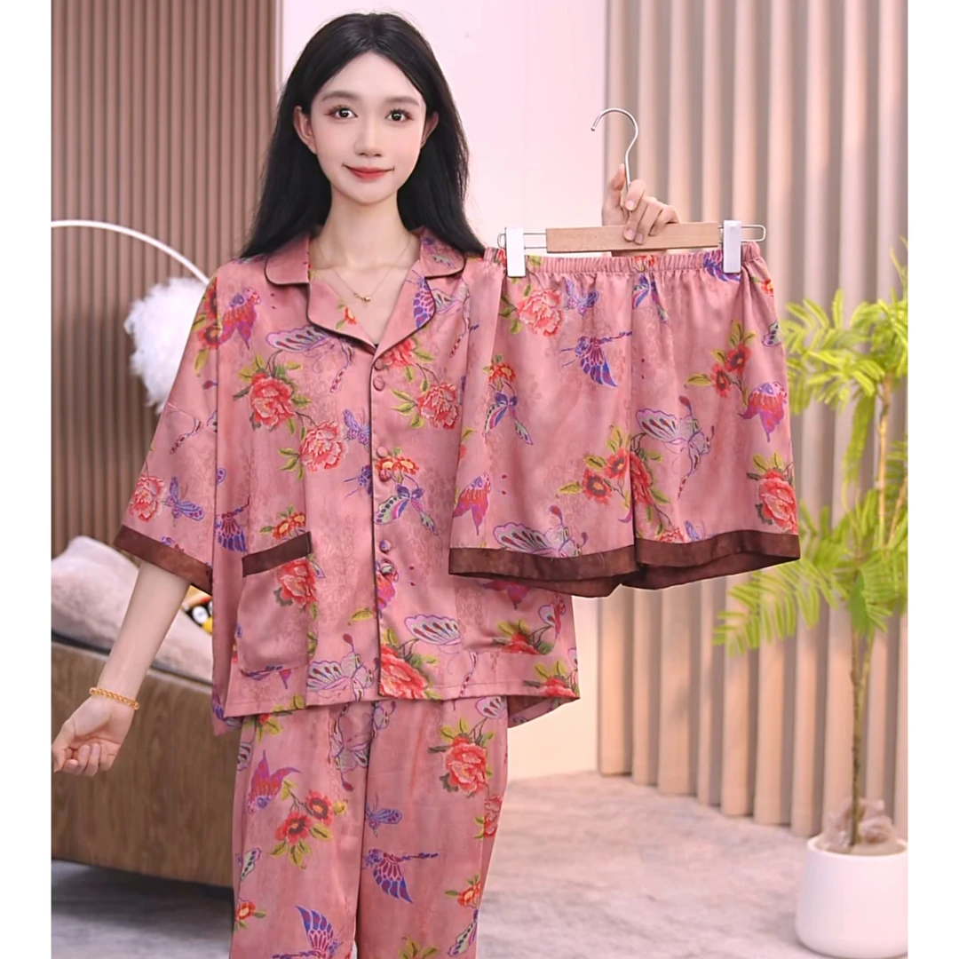 美丽【海棠醉日】舒适睡衣女士套装可外穿家居服七分袖三件套BML