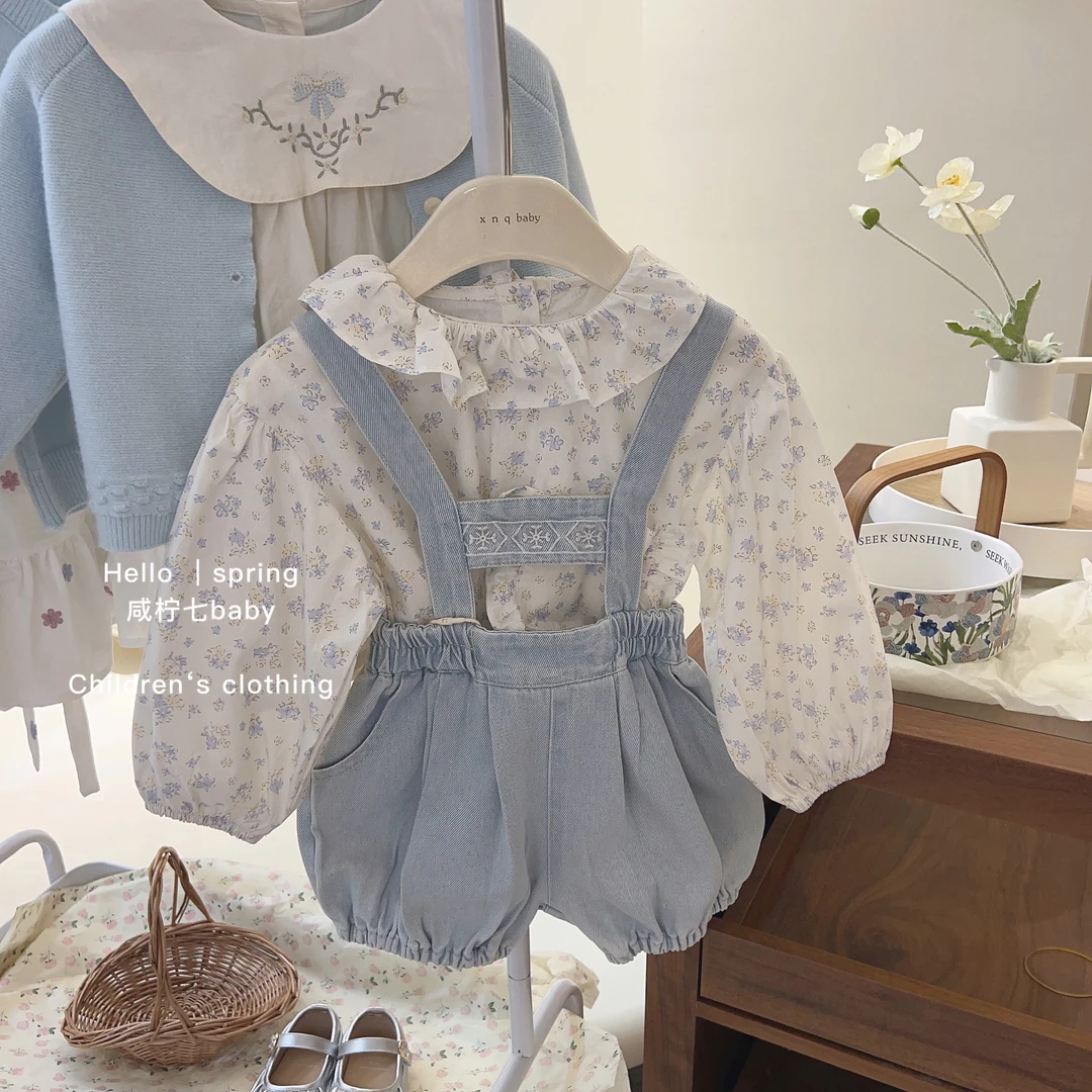 【现2】【单】女童清新套装2024春季韩版中小童森牛仔背带短裤