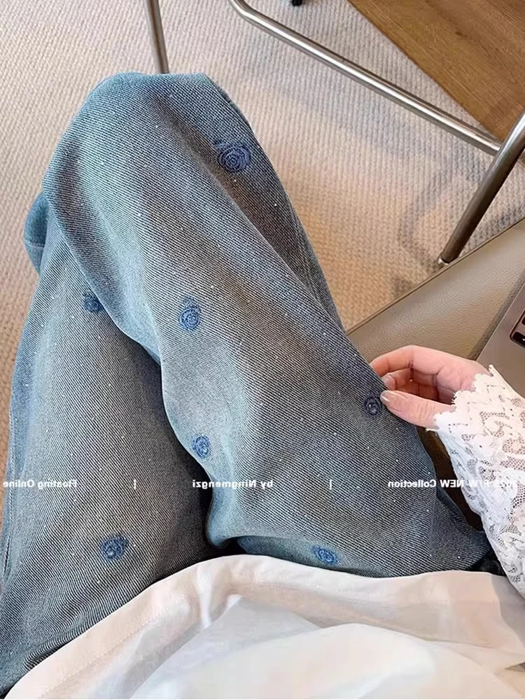 夏季新款刺绣直筒弯刀长裤女高腰大码胖mm宽松显瘦牛仔裤阔腿裤子