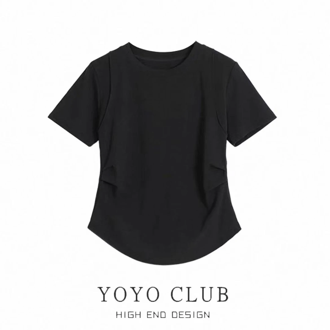 1382正肩短袖t恤女夏季新款设计感小众韩系别致褶皱卡腰短款上衣