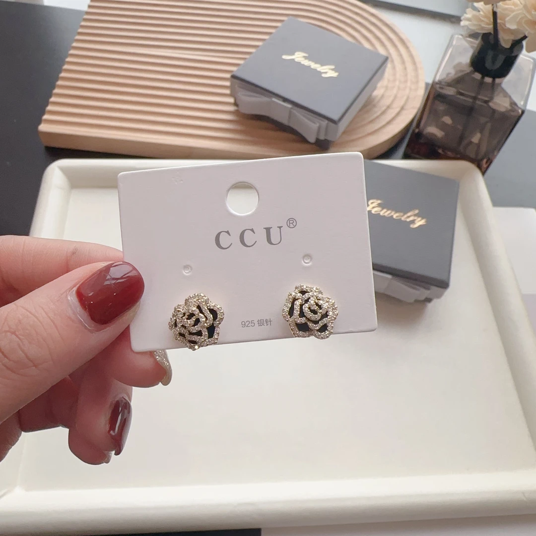 合金合成锆石耳饰 黑色山茶花耳钉复古镶钻时尚轻奢小香风ED23