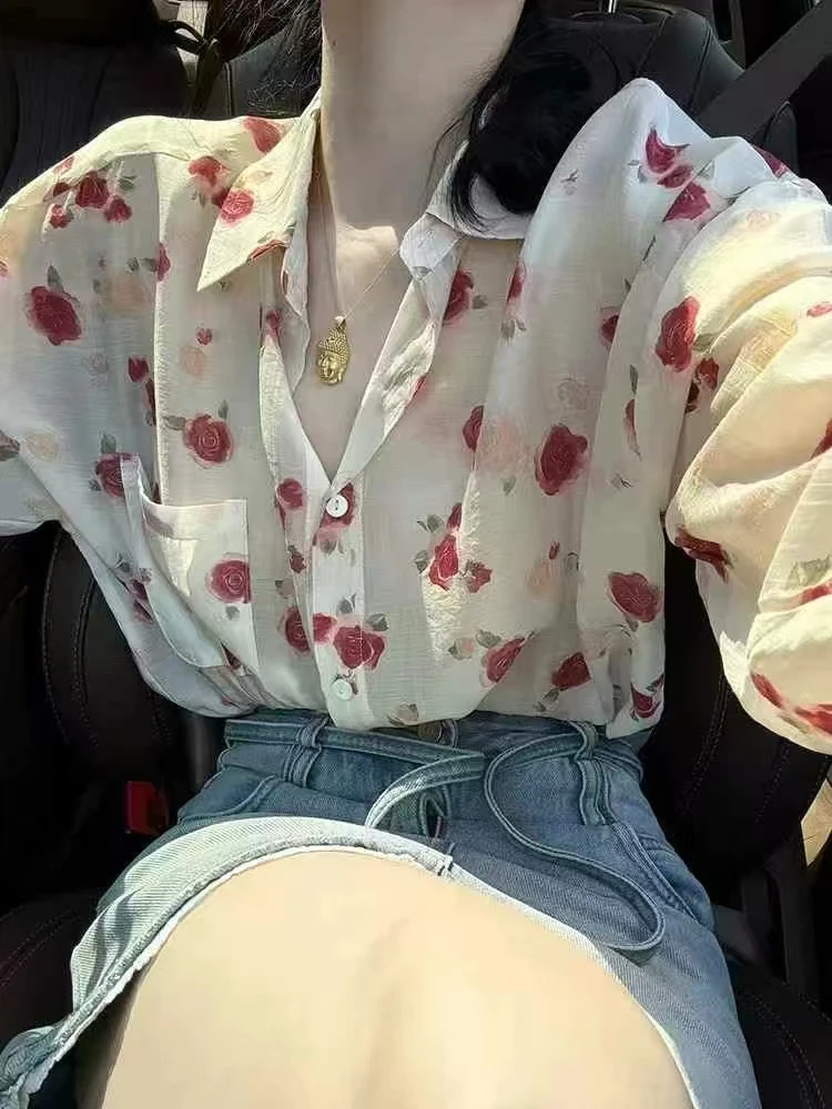 【红色玫瑰】张丹丹洋气夏装新款韩版简约百搭韩系印花显瘦宽松衬衫