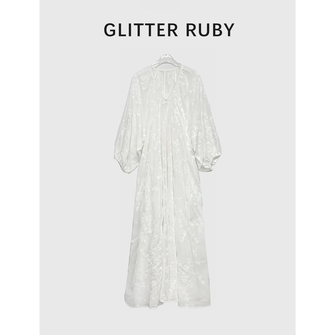 【浮云月下】夏季提花长袖长裙气质优雅连衣裙长袖设计师中