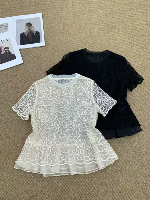 提花刺绣下摆T 短袖A13921