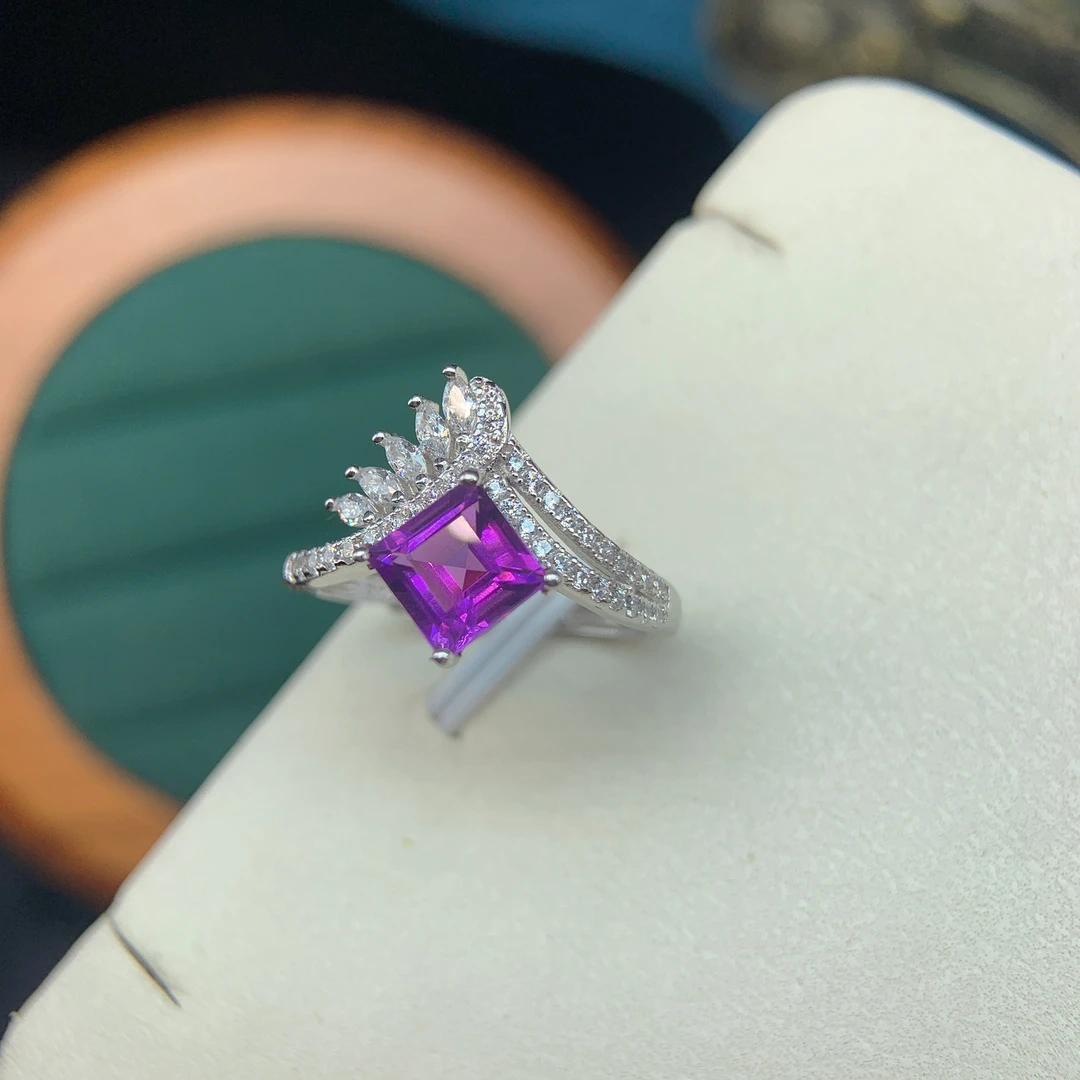 s925银镶嵌天然紫水晶戒指活口可调节精工镶嵌方6全净体方6紫水晶