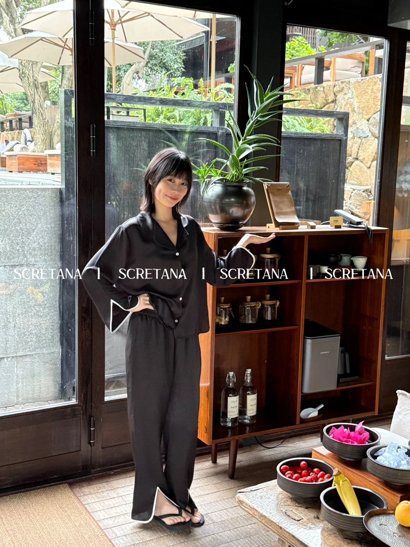 SCRETANA/安娜的秘密风琴法式撞色长袖长裤睡衣家居服套装