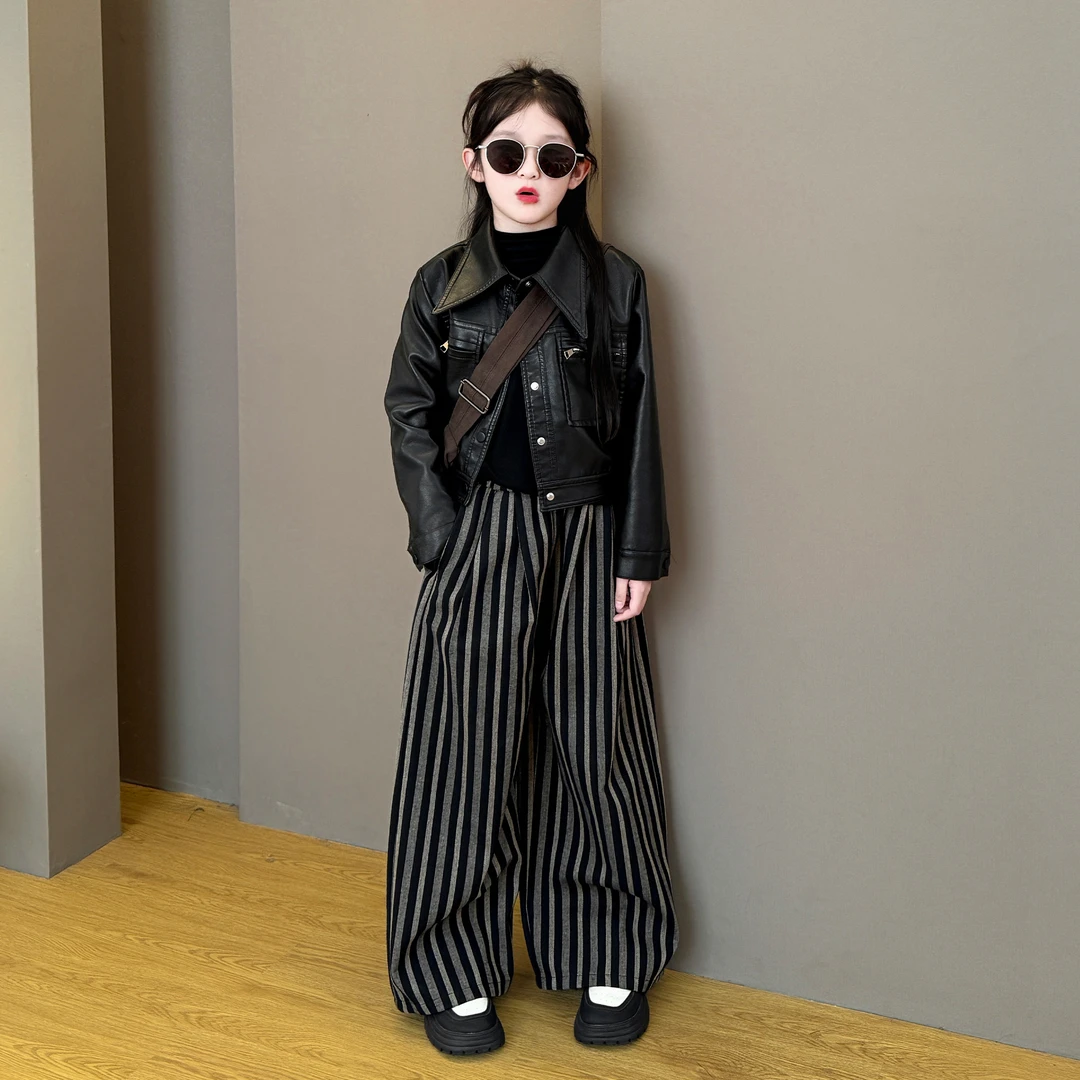 女童春秋潮酷皮衣套装2025新款韩版洋气时尚女生美式穿搭两件套潮