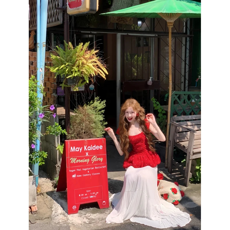 夏季套装新款韩系穿搭甜美风红色波点上衣高腰半身裙显瘦两件套女