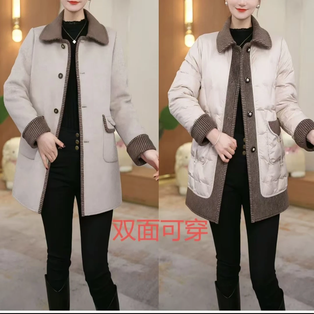 高端时尚双面穿中长款羽绒服外套女2025冬季新款妈妈气质百搭大衣