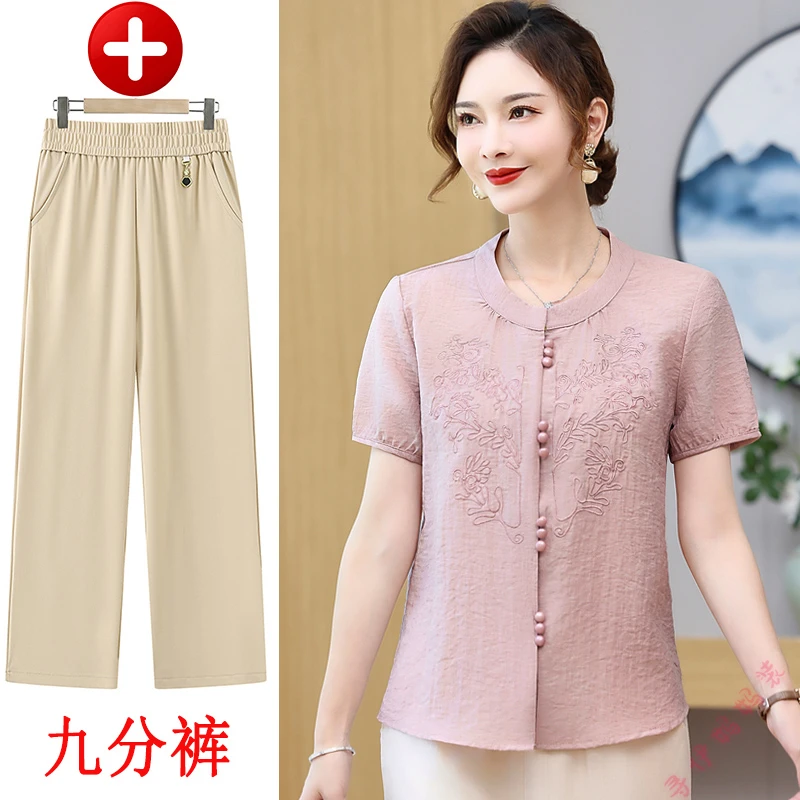 新款夏季时尚妈妈装短袖绣花小衫洋气中老年女薄款短袖T恤开衫
