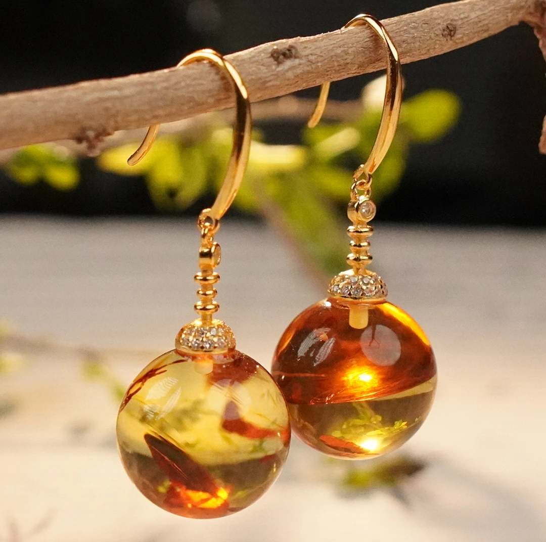 【亿景珠宝】15+俄罗斯天然花珀圆珠耳环气质百搭复古经典JDQ5A058