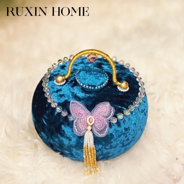 如馨·手工缝制作【蝶舞】汤婆子暖手神器暖手宝 纯手工编织提溜 蓝