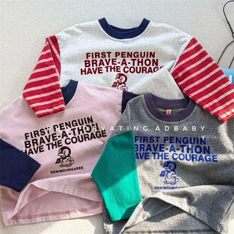 AD日系订单款专柜高品春款立体印染企鹅插肩袖上衣/男女宝同款