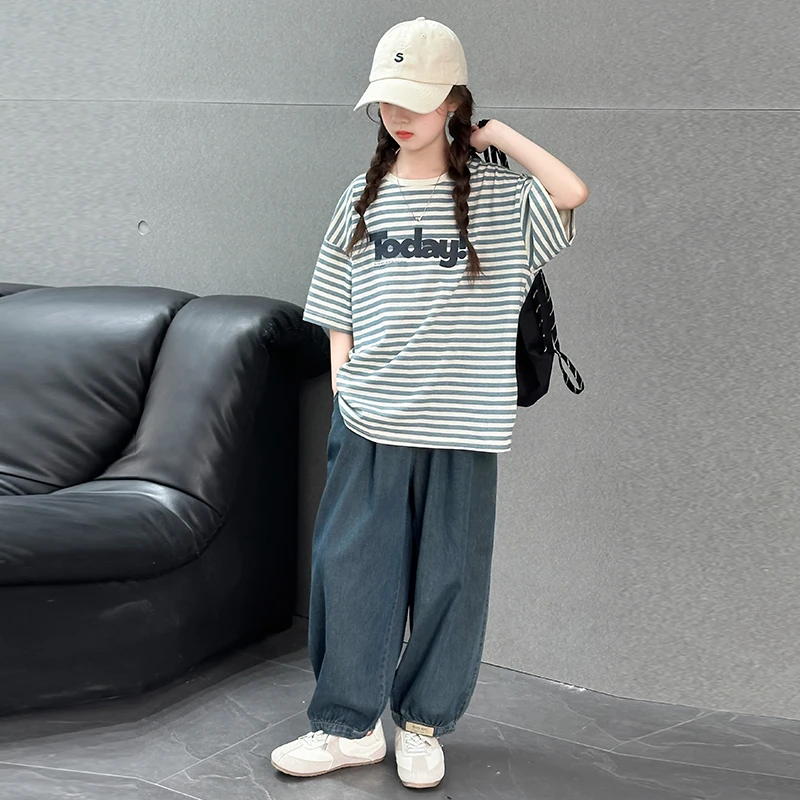 女童夏装套装2025新款儿童夏季洋气网红条纹短袖上衣牛仔裤两件套