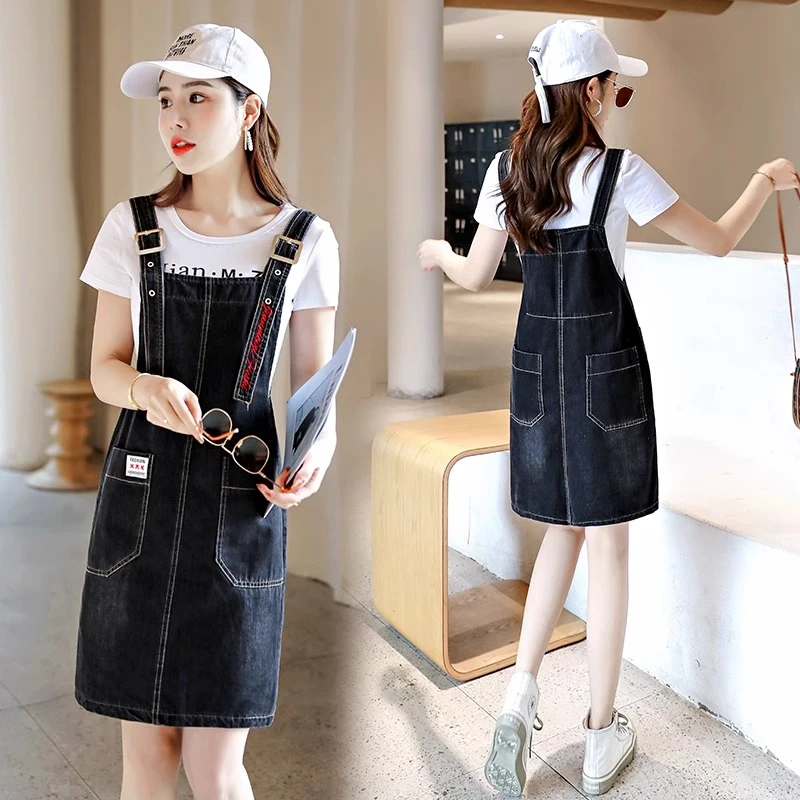 拉夏贝尔休闲牛仔背带裙女夏季新款洋气减龄气质连衣裙两件套装
