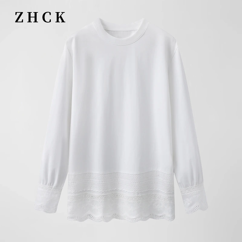 ZHCK设计感百搭宽松打底衫2025春季新款拼接重工圆领显瘦上衣女