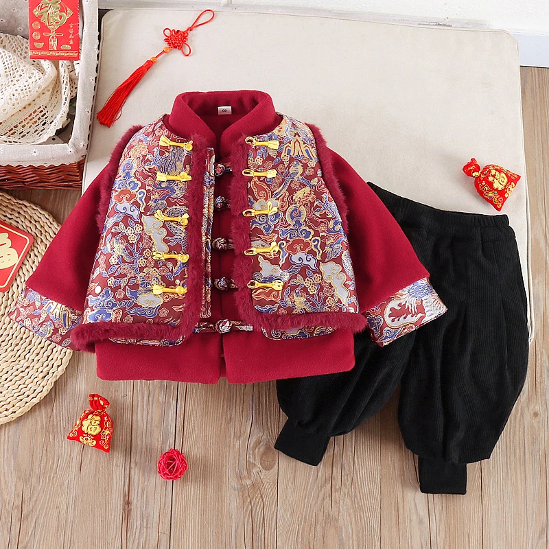 【御龙】男童冬季套装三件套加厚加绒加棉宝宝婴幼儿套装婴儿中国风