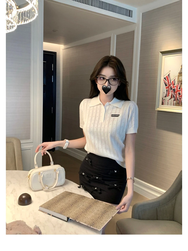 m系学姐新季镂空针织polo上衣女休闲显瘦时尚白色百搭翻领针织衫