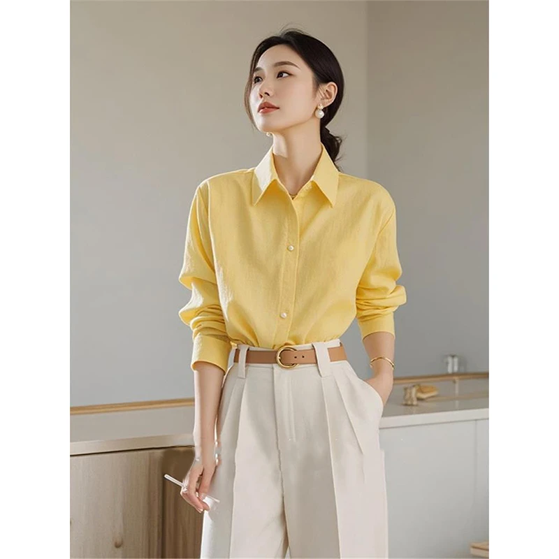 初春穿搭高级感轻奢干练气质女装冷淡系独特别致职业黄色衬衫套装