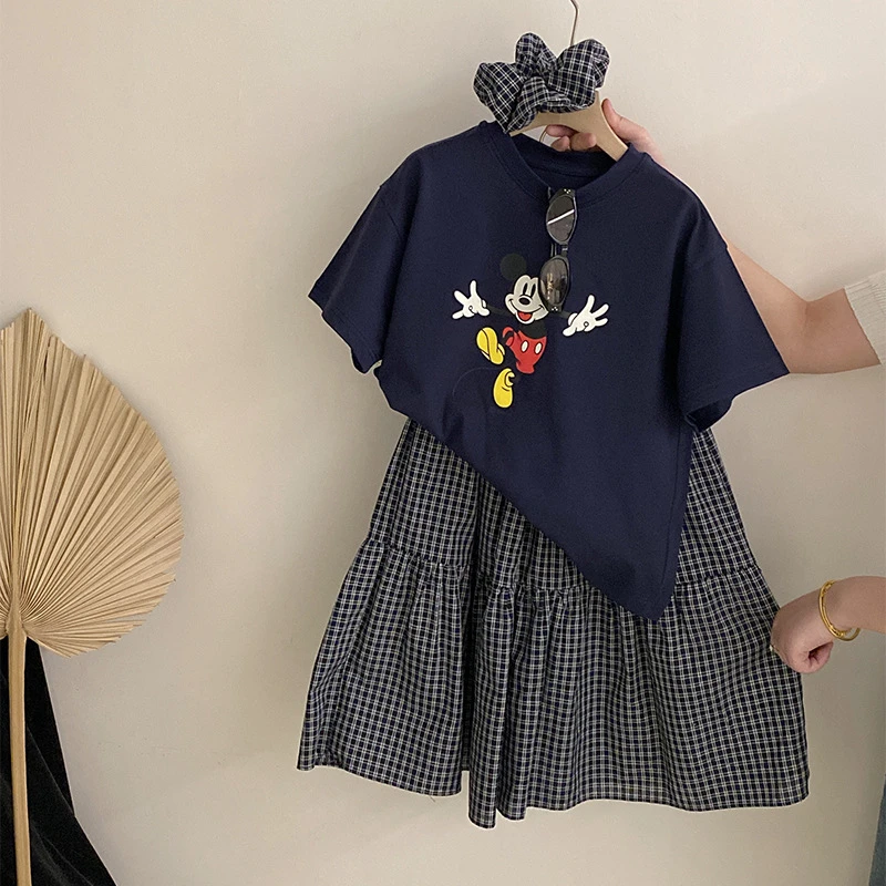 4【安安家】韩版女童夏季卡通米老鼠短袖T恤格子半身裙两件套R25299