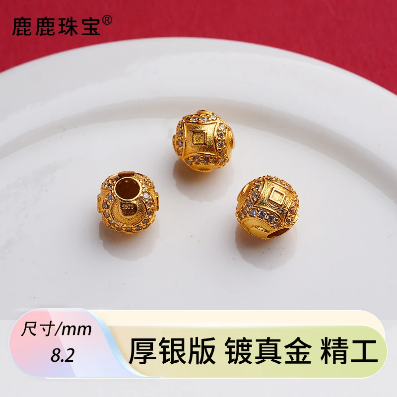 925银银制品 精工古法银镀金钱币镶钻款隔珠diy银配件