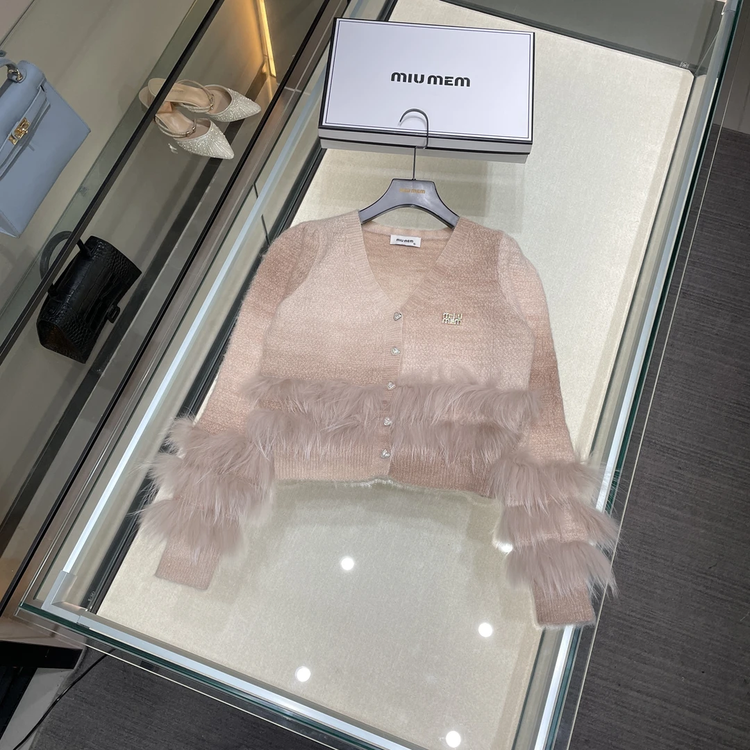 欧货女装秋季法式名媛风拼接羽毛针织开衫上衣DY5619