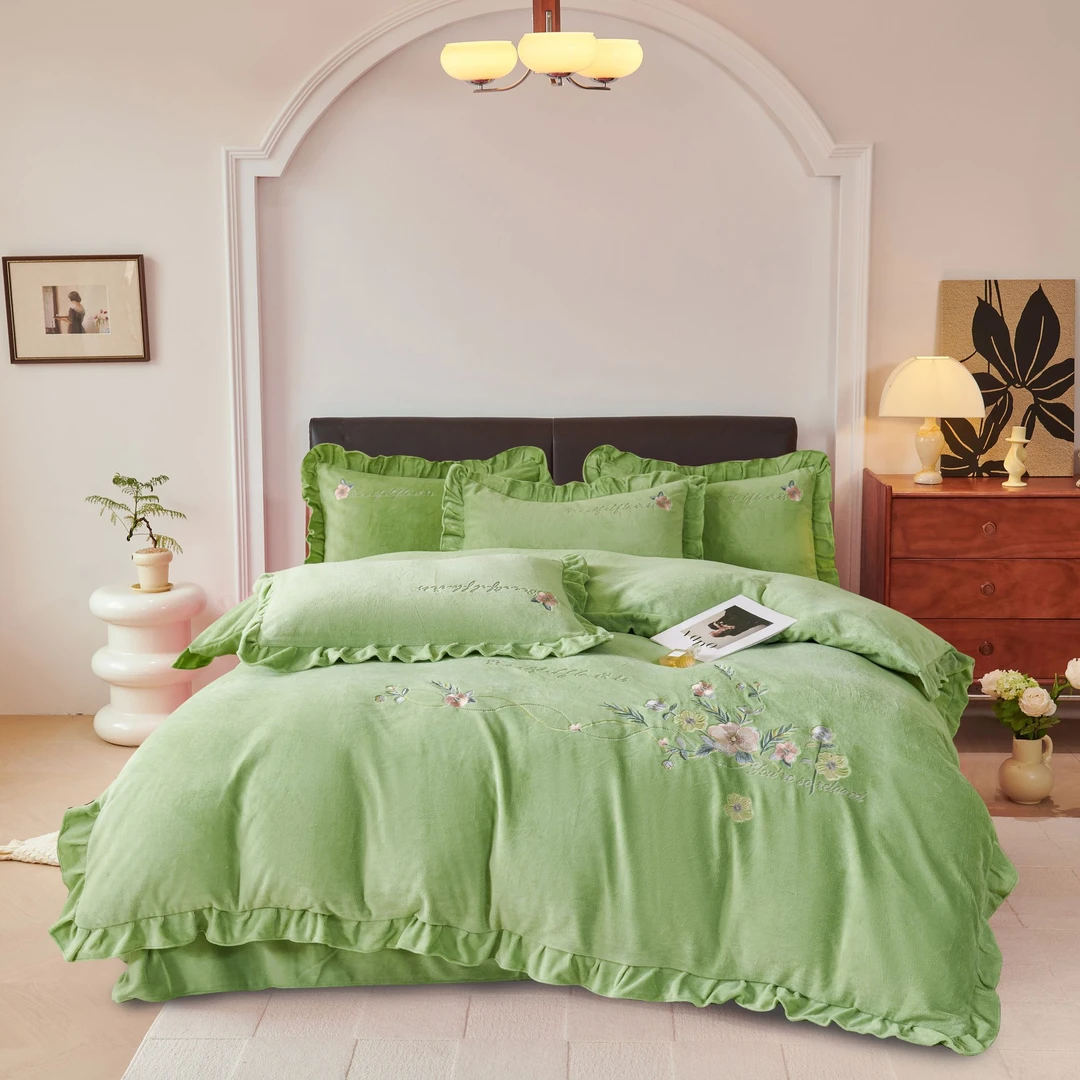 雪京 现货 冬季加绒加厚宝宝绒韩版花边款四件套 牛奶绒工艺款