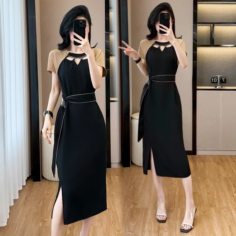 实拍大码女装夏季新款时尚设计感醋酸缎撞色拼接收腰显瘦连衣裙