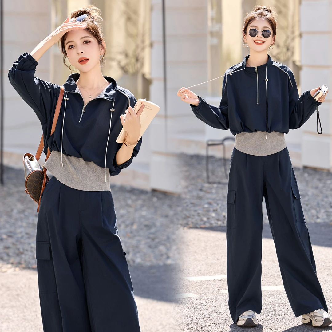 休闲时尚假两件拼接套装女2025春秋新款洋气减龄宽松阔腿裤两件套