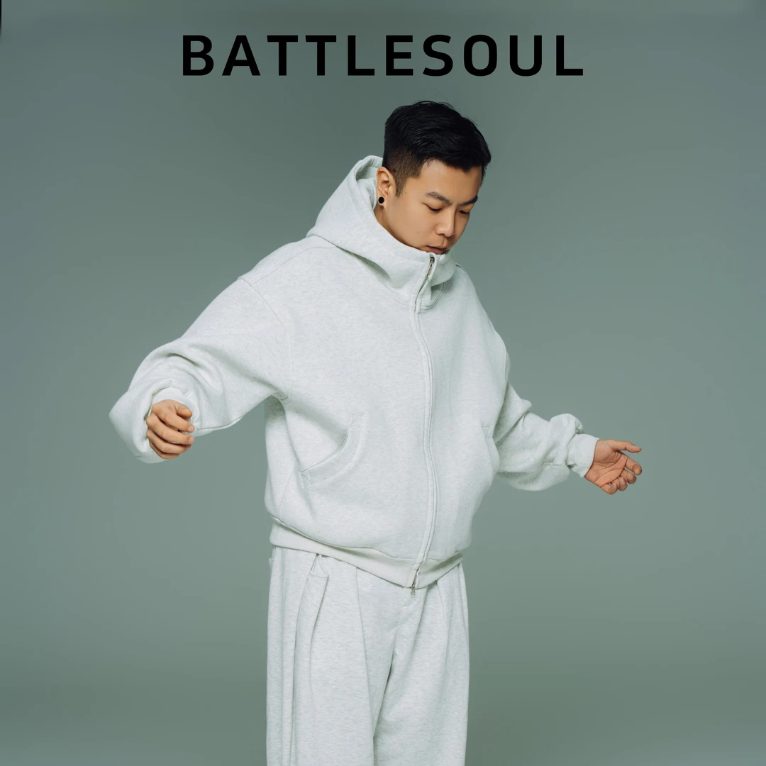 Battlesoul短款连帽重磅宽松时尚休闲情侣百搭纯色卫衣外套