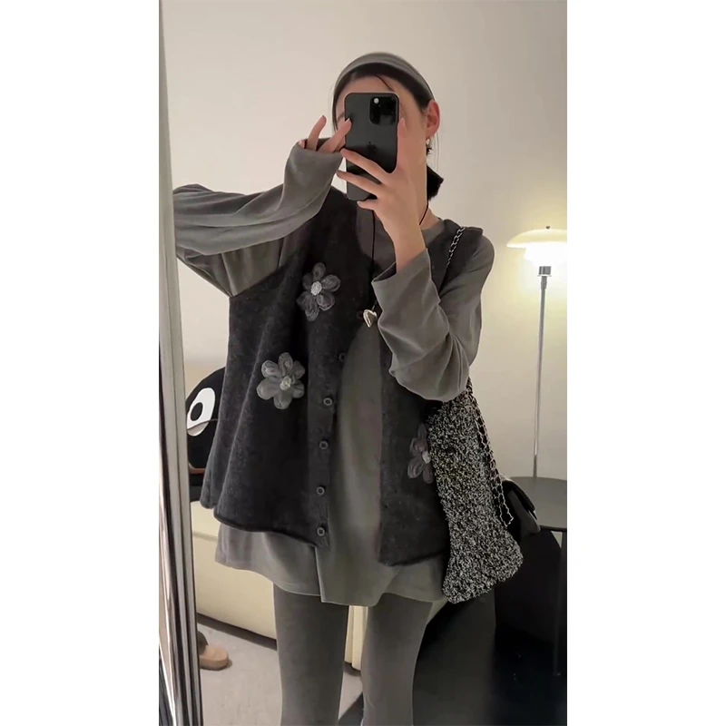 2025秋季新款女韩系穿搭花朵毛衣马甲背心中长款宽松显瘦长袖上衣