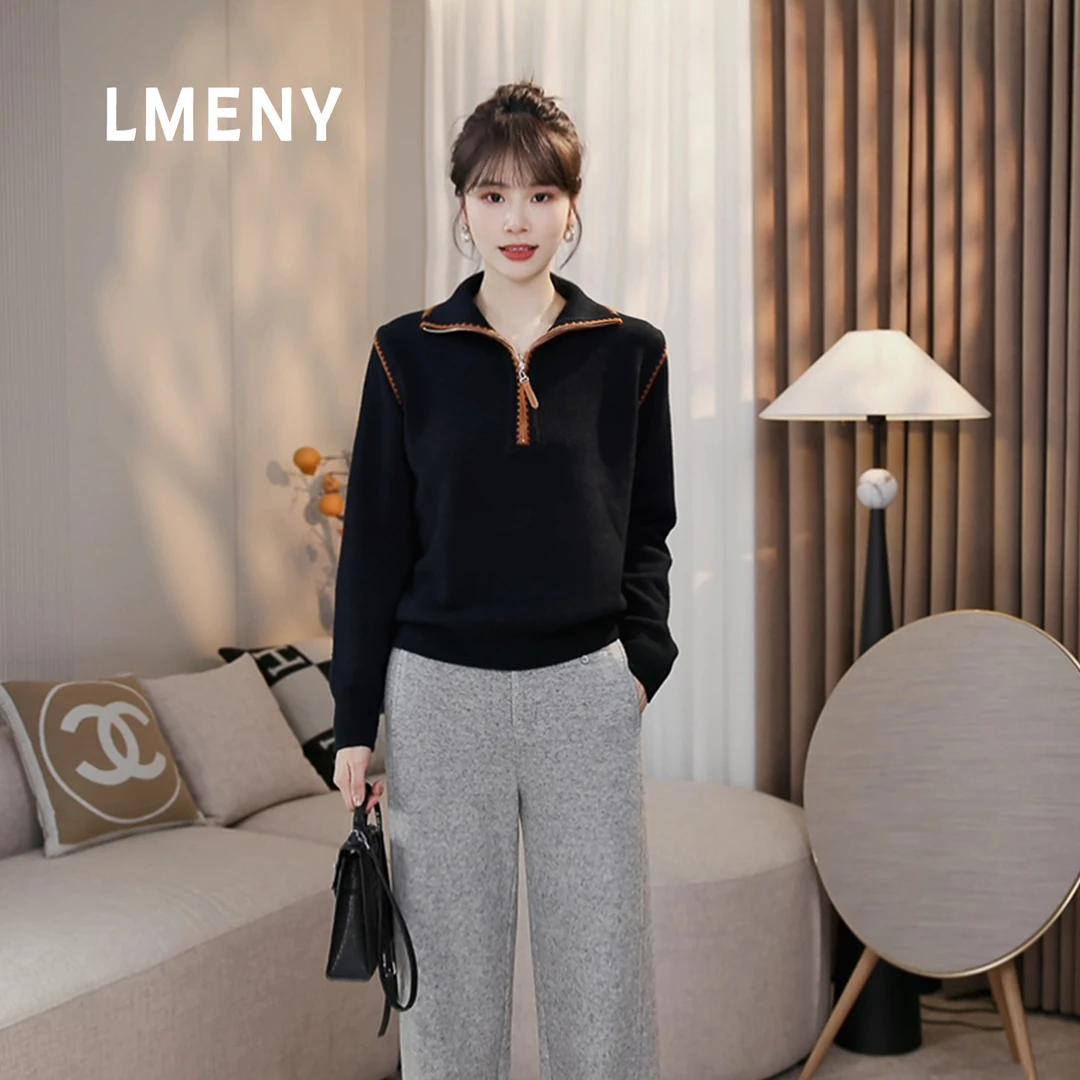 LMENY“钢琴曲”撞色艺术~绵羊毛半开拉链门襟假两件毛衣25DM028