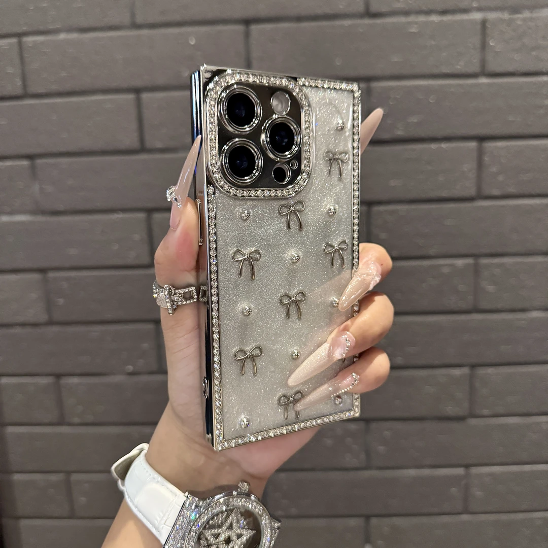 方形电镀闪钻适用苹果16手机壳新款15pro闪粉星星小众蝴蝶结14pro