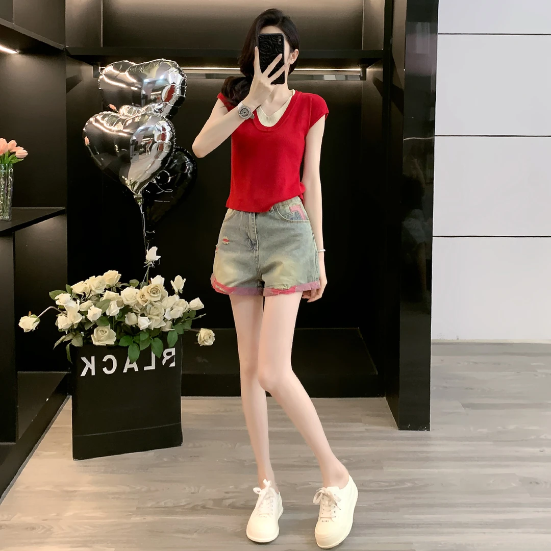 女夏新款时尚气质套装撞色拼接短袖针织衫卷边破洞牛仔短裤两件套