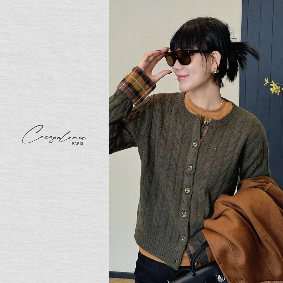 韩彬彬"绿洲"100绵羊毛麻花 拼接格子百搭开衫毛衣2947-6