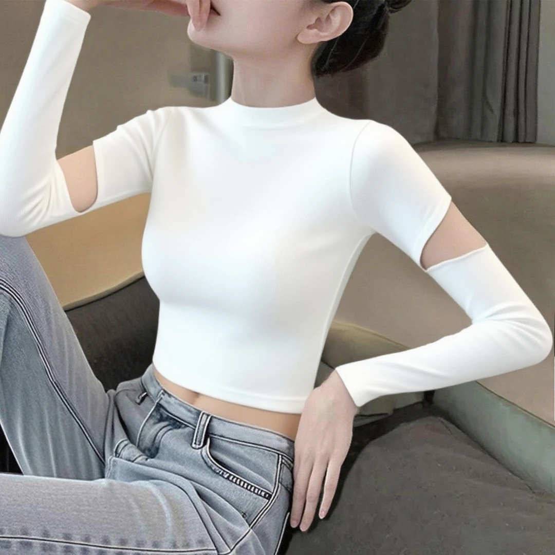 黑色设计感小众镂空长袖打底衫女内搭半高领韩版修身显瘦纯色上衣