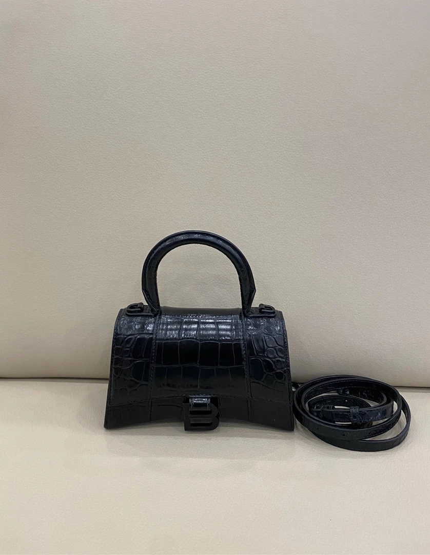 99新 Balenciaga/巴黎世家 巴黎世家 沙漏包 xs 哑光黑鳄鱼压纹