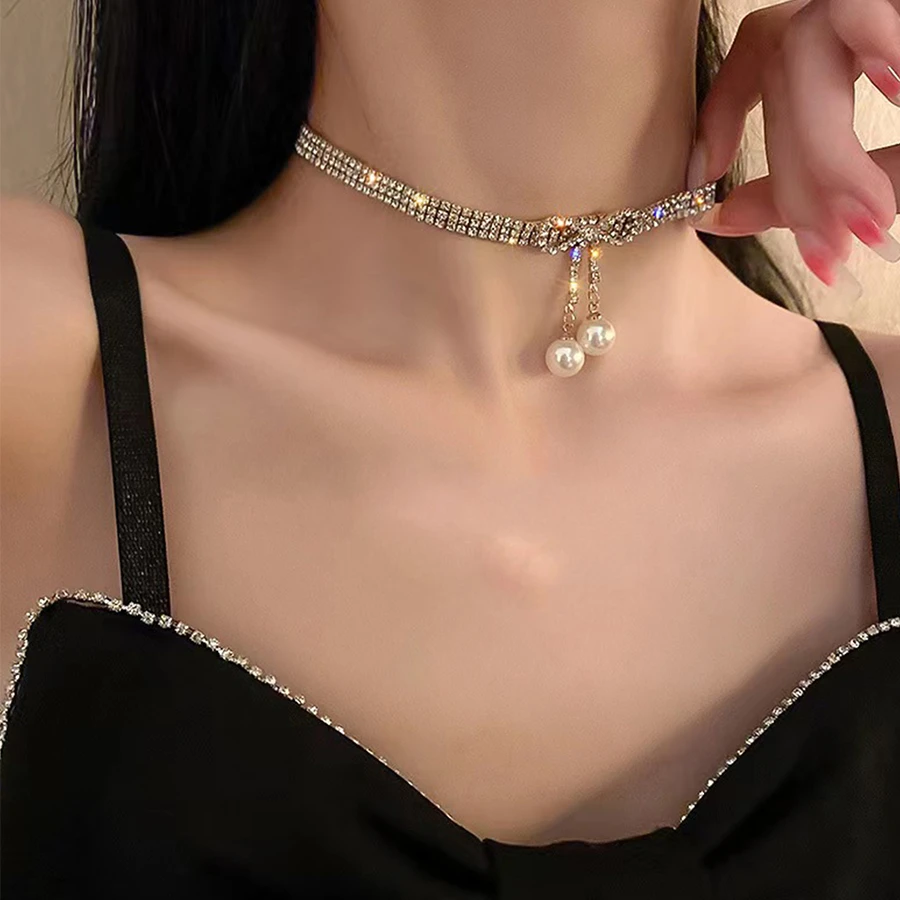 铜合金项链 气质超闪满钻蝴蝶结精致锁骨链珍珠百搭公主女款项链