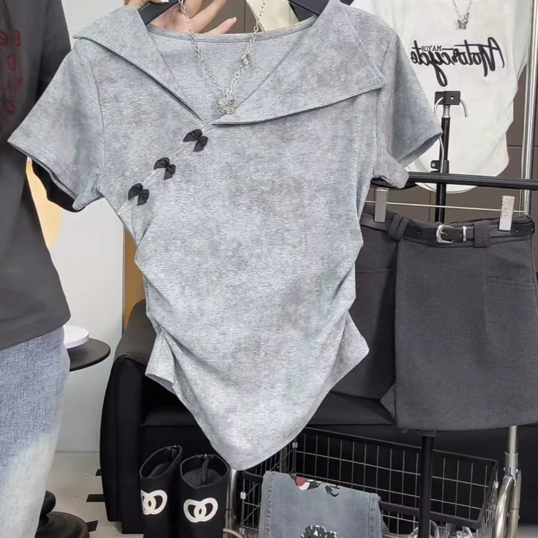 翻领蝴蝶结扎染上衣女短袖夏2025新款小众洋气不规则下摆显瘦睡衣