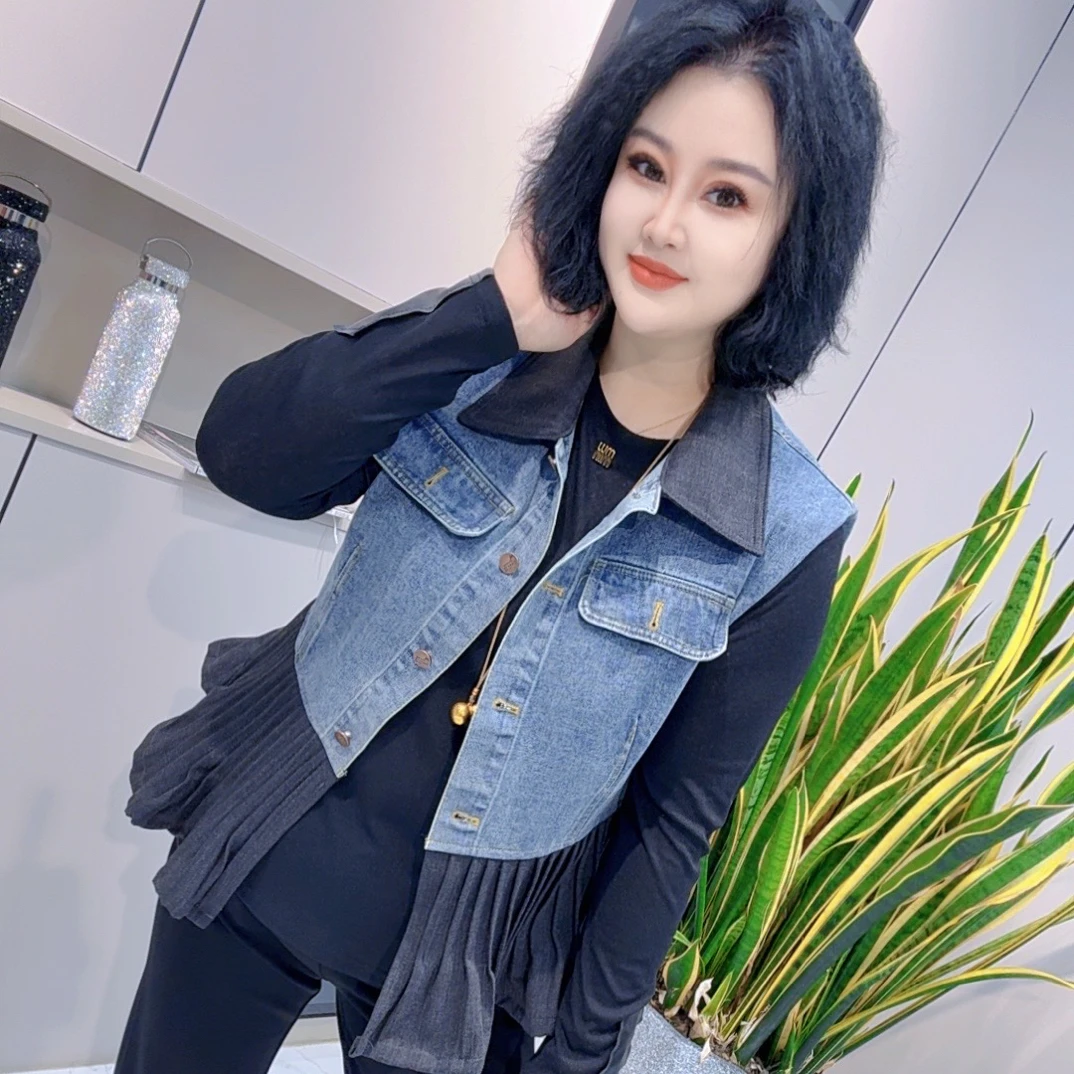 【娟姐精选】6086欧货重工牛仔拼接百褶时尚洋气炸街百搭牛仔马甲