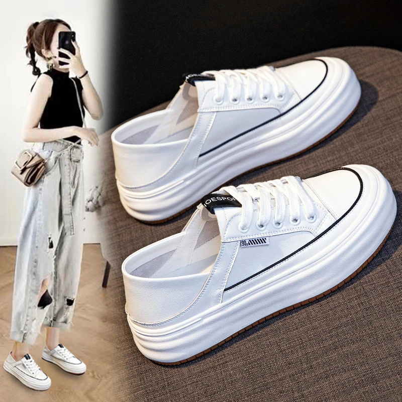 踩跟包头小白鞋女2025春季休闲外穿平底鞋学生系带休闲板鞋单鞋