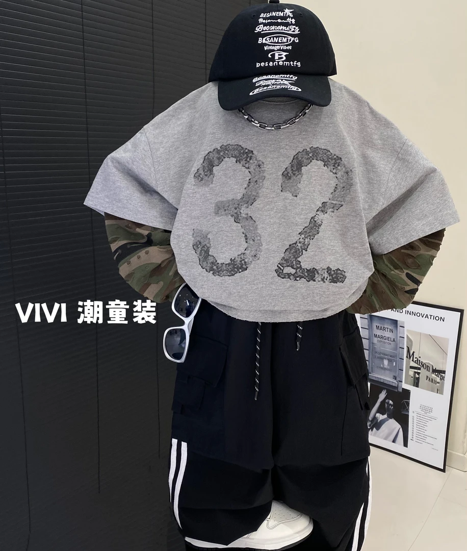 VIVI童装 2025春款潮流中大童洋气帅气迷彩假两件长袖T恤欧若风