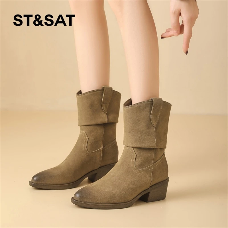 星期六尖头短靴女粗跟2025新款秋季高跟复古褶皱堆堆靴短筒瘦瘦靴